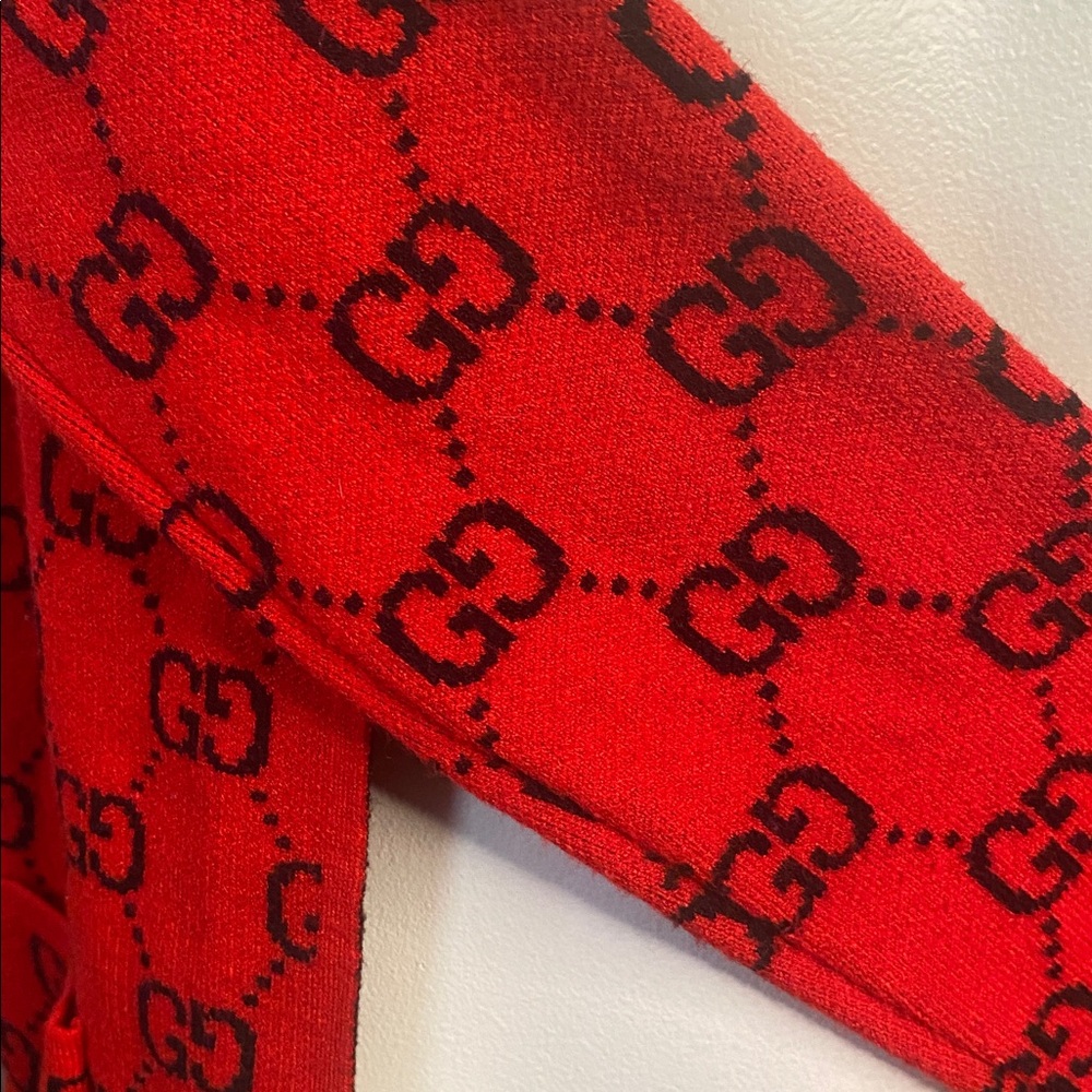 Double GG print red black hooded long cardigan sweater - Picture 4 of 9